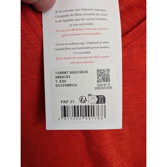 Sezane Malcolm Tee Shirt Womens Size 2XS Orange Short Sleeve V-Neck Pullover - Picture 4 of 6